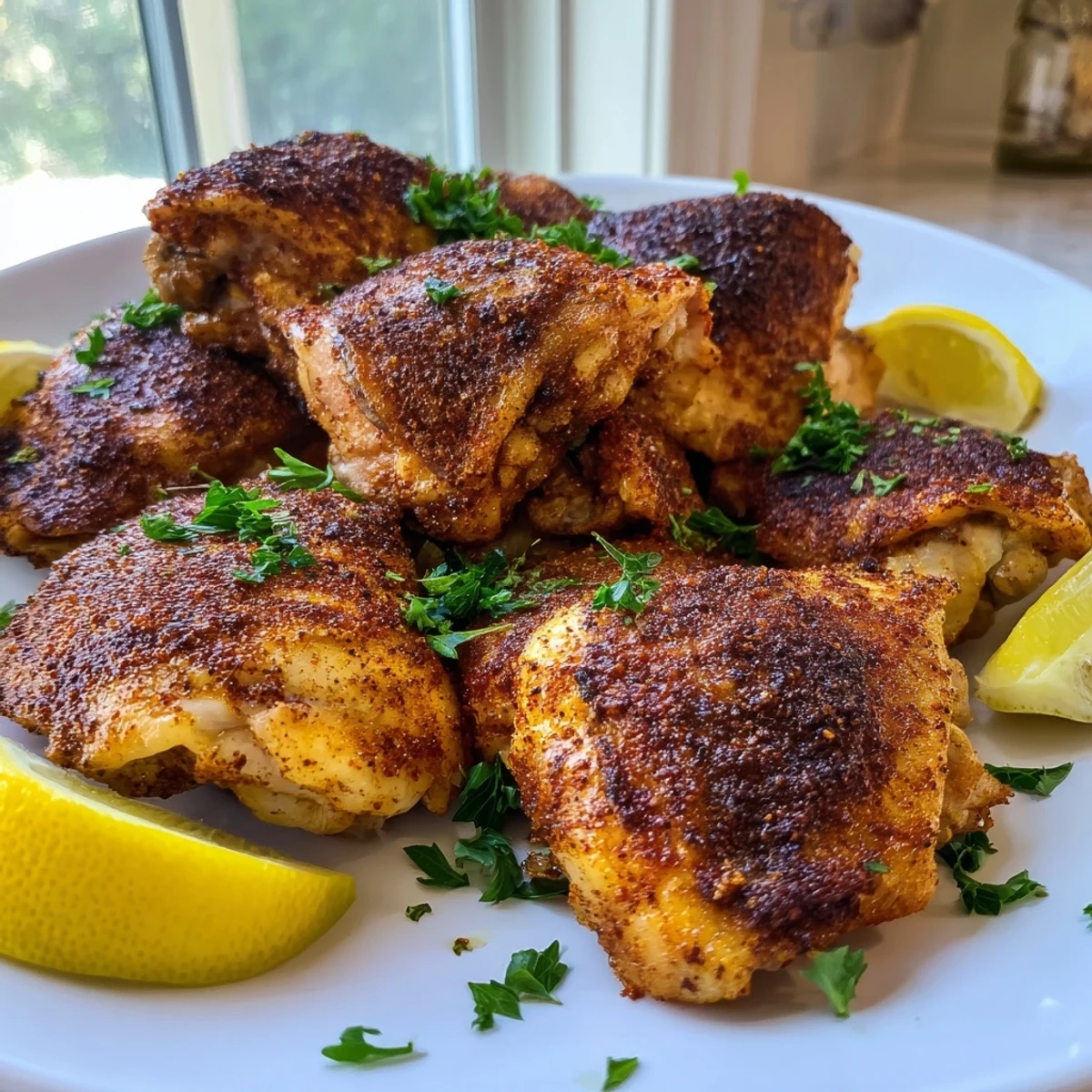 Golden-skinned Old Bay chicken thighs served hot on a rustic weeknight dinner plate