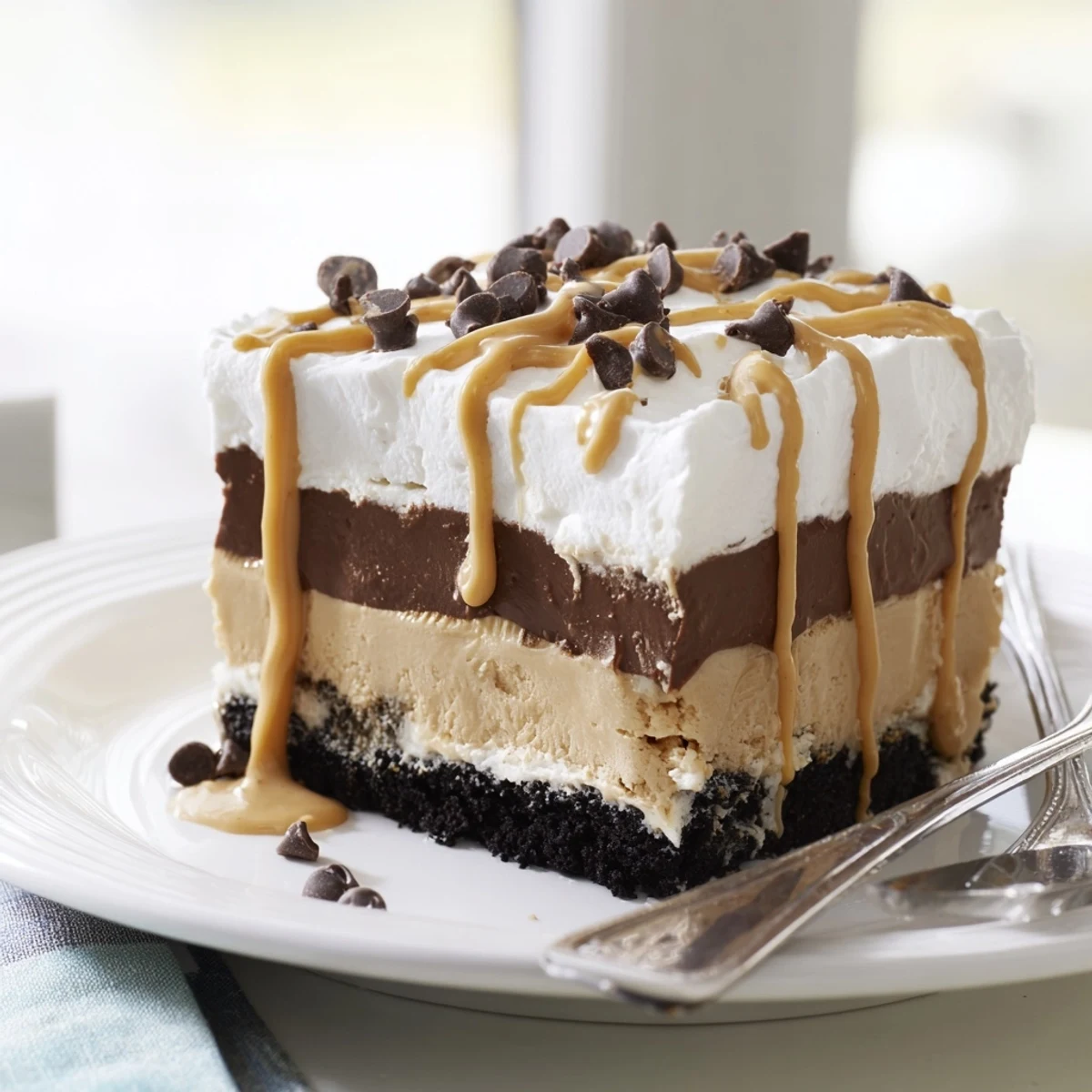 Creamy peanut butter layered delight with rich chocolate pudding and whipped topping