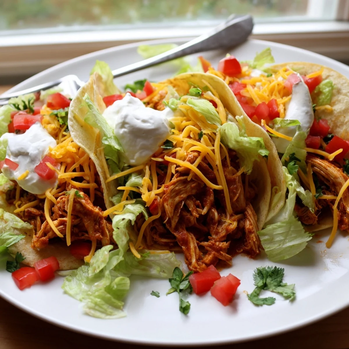 Juicy slow cooker ranch chicken tacos topped with melted cheddar and fresh cilantro