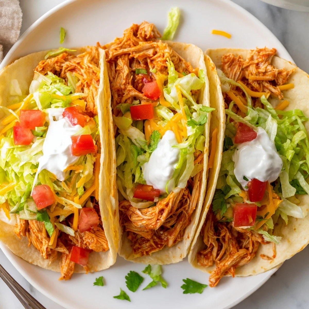 Tender shredded slow cooker ranch chicken tacos loaded with sour cream and lettuce