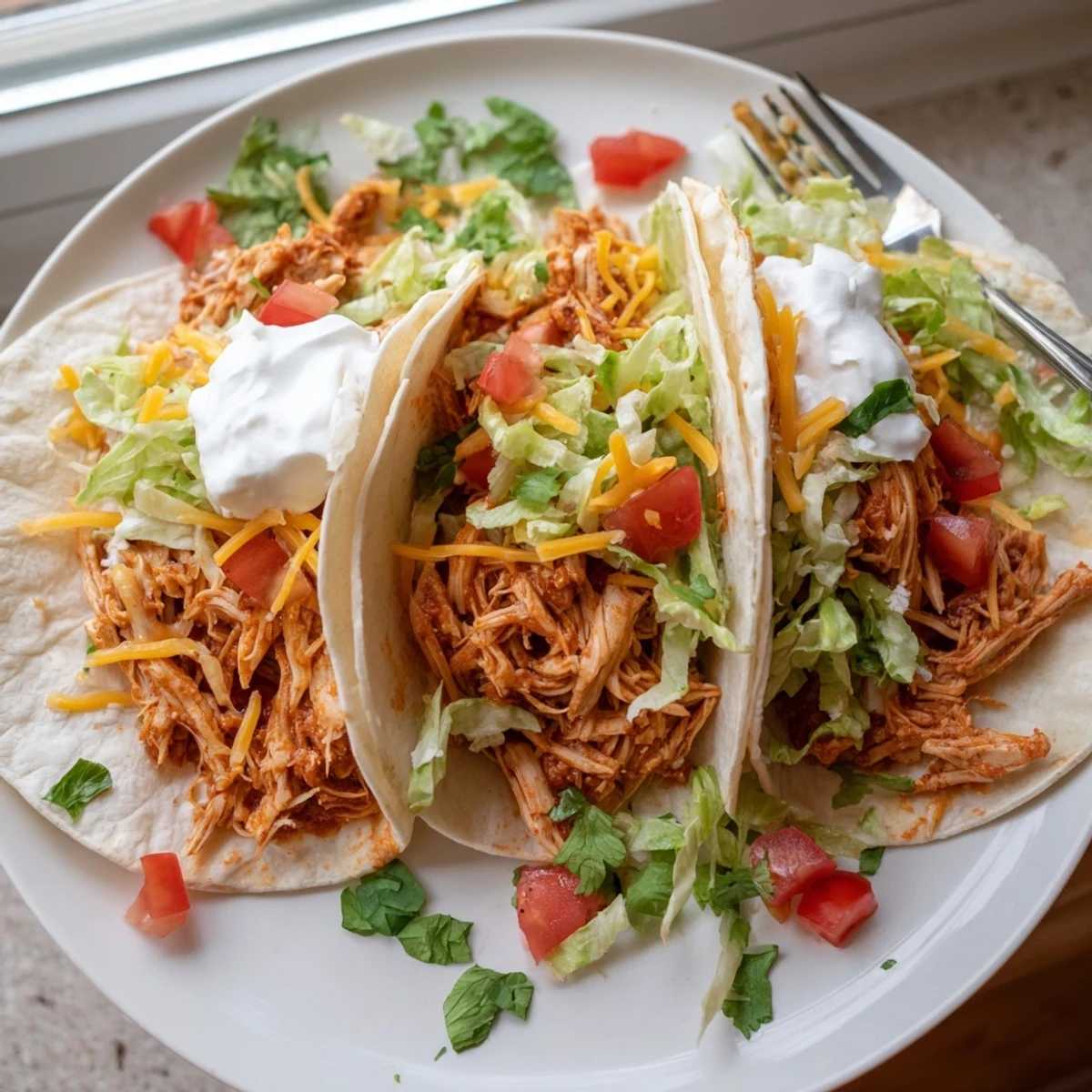 Warm slow cooker ranch chicken tacos in crispy shells drizzled with creamy ranch