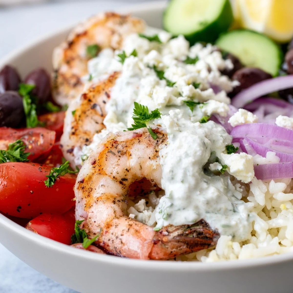 Juicy Greek Shrimp Mediterranean Bowl topped with creamy tzatziki and vibrant fresh vegetables