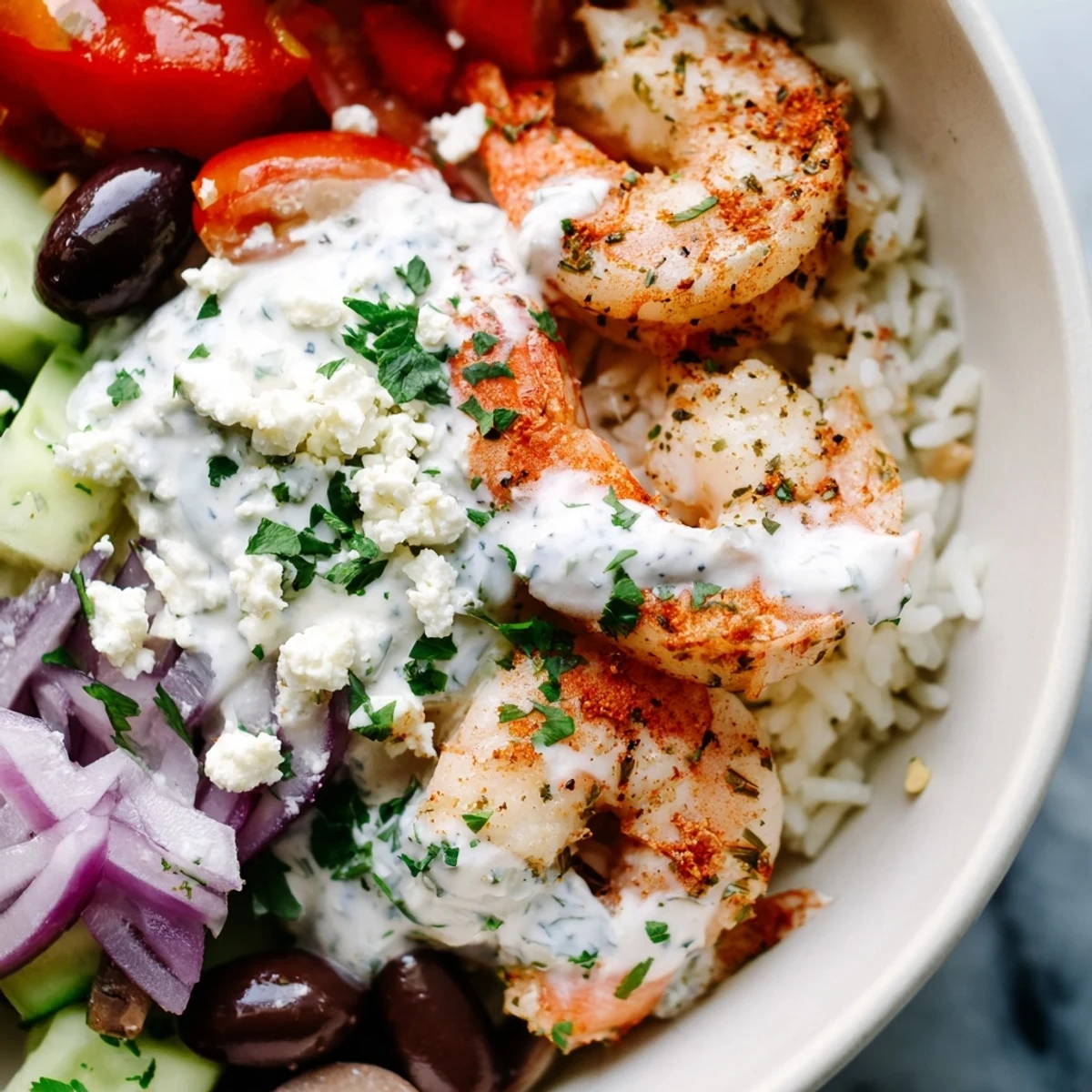 Golden seared shrimp resting on lemony rice in this colorful Greek Shrimp Mediterranean Bowl