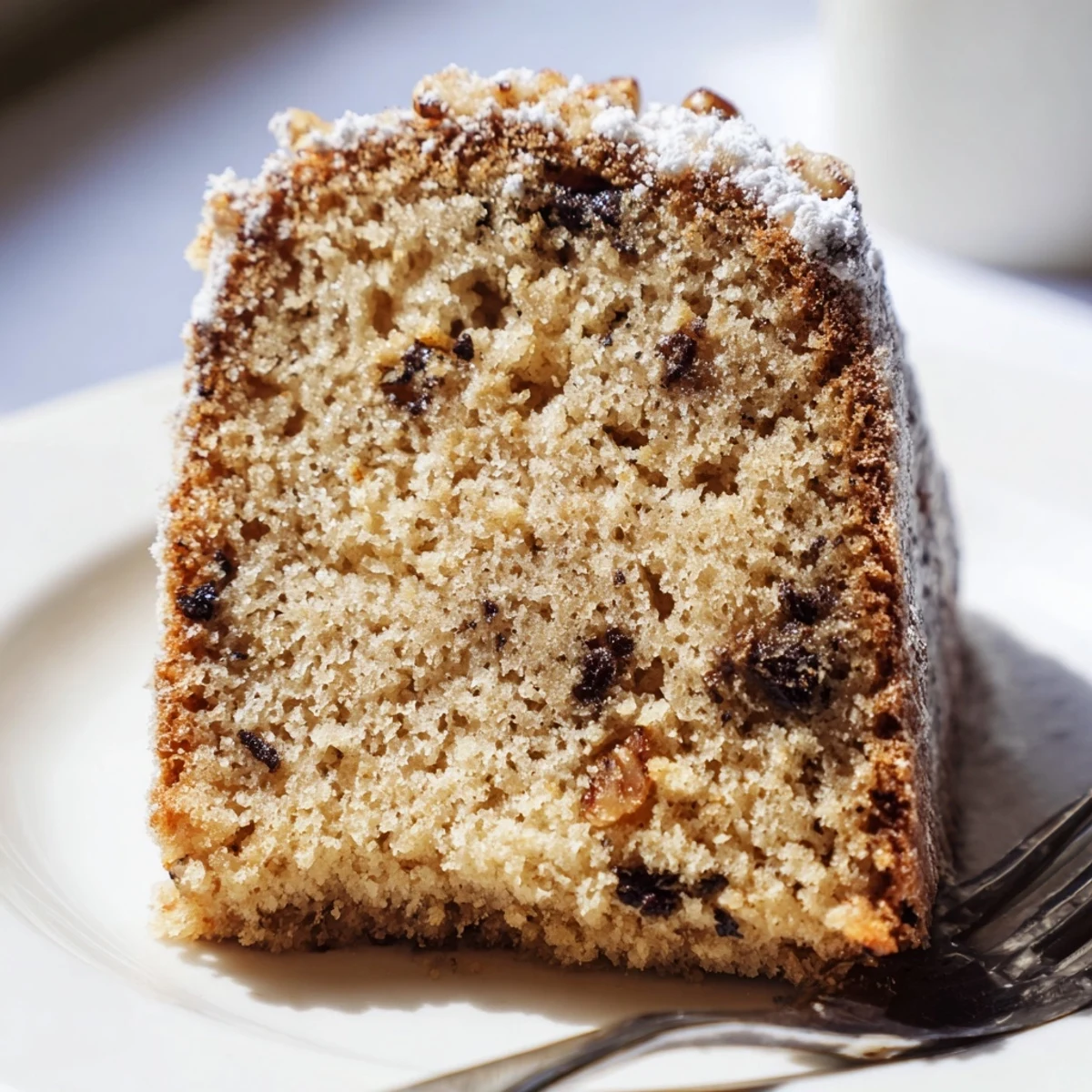 A golden banana cake sliced on a rustic wooden cutting board with crumbs