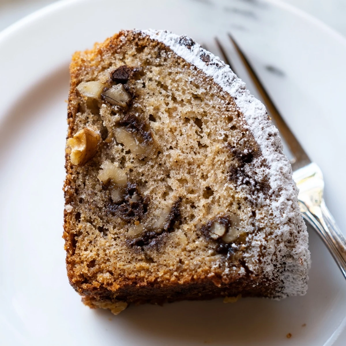 Moist banana cake topped with cream cheese frosting and chopped walnut pieces