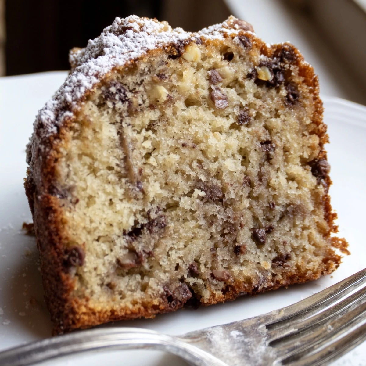 Warm banana cake fresh from the oven served on a white ceramic plate