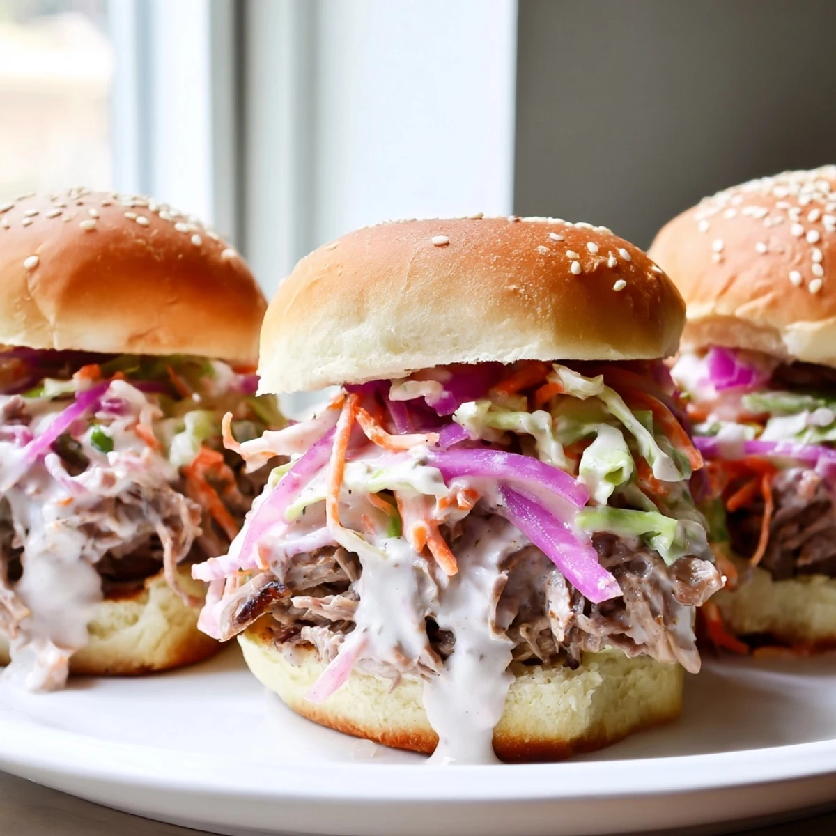 Creamy Alabama white sauce pulled lamb sliders topped with crunchy slaw on soft buns