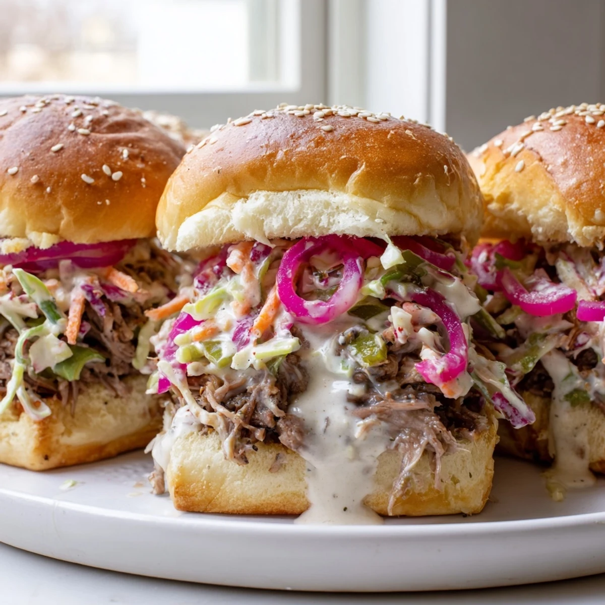 Tangy Alabama white sauce pulled lamb sliders drizzled with sauce and piled high