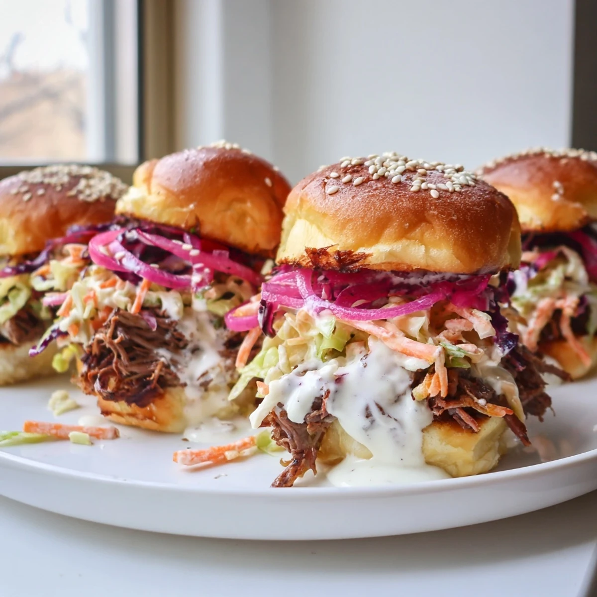 Golden slider buns loaded with tender Alabama white sauce pulled lamb and crisp slaw