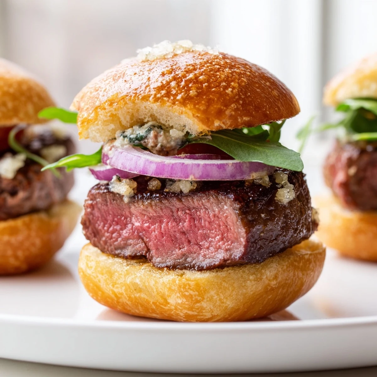 Juicy filet mignon sliders on golden garlic parmesan rolls topped with fresh arugula and tomato