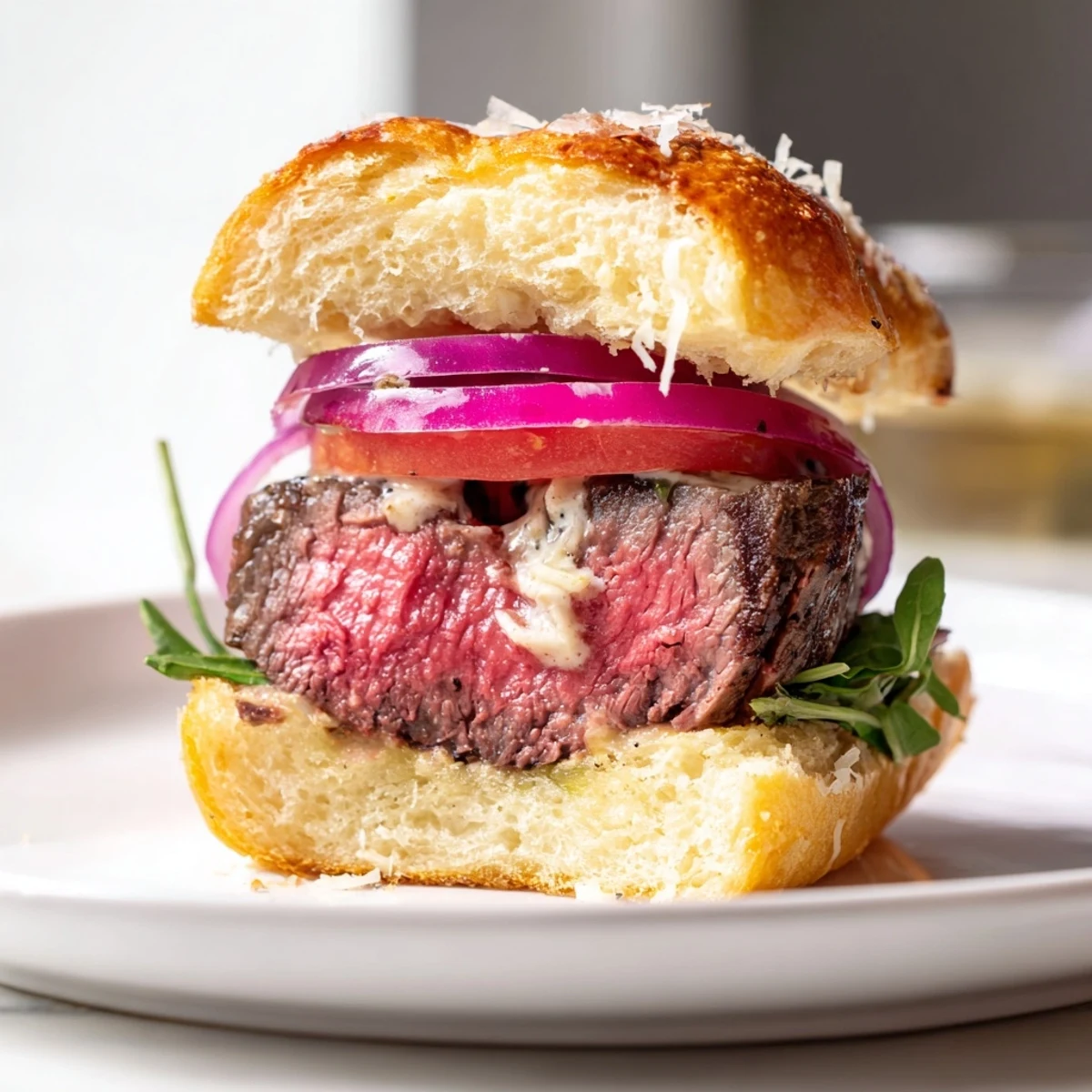 Crispy garlic parmesan rolls cradling seared filet mignon sliders drizzled with creamy horseradish sauce