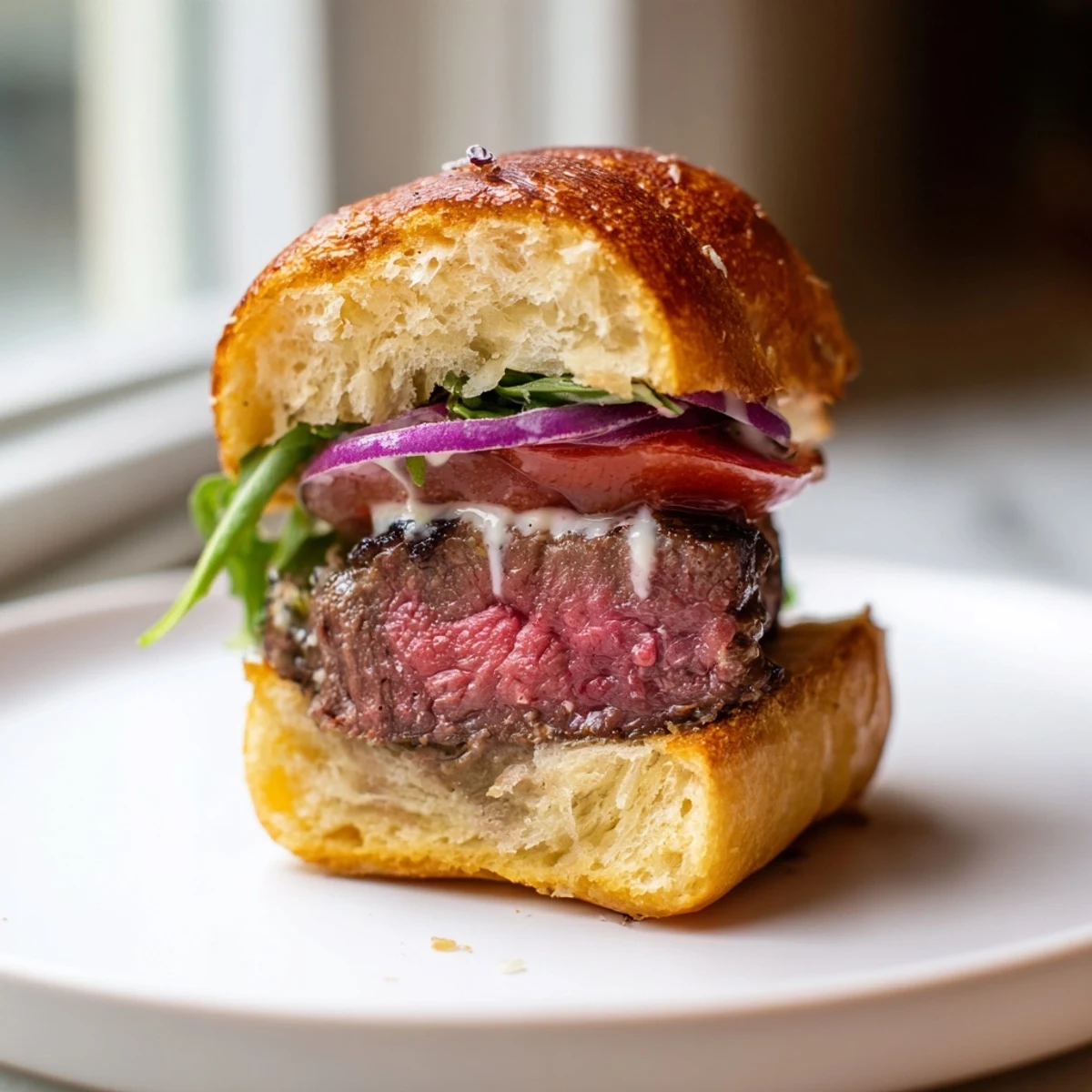 Tender filet mignon sliders stacked on toasted garlic parmesan buns with sliced red onion and greens