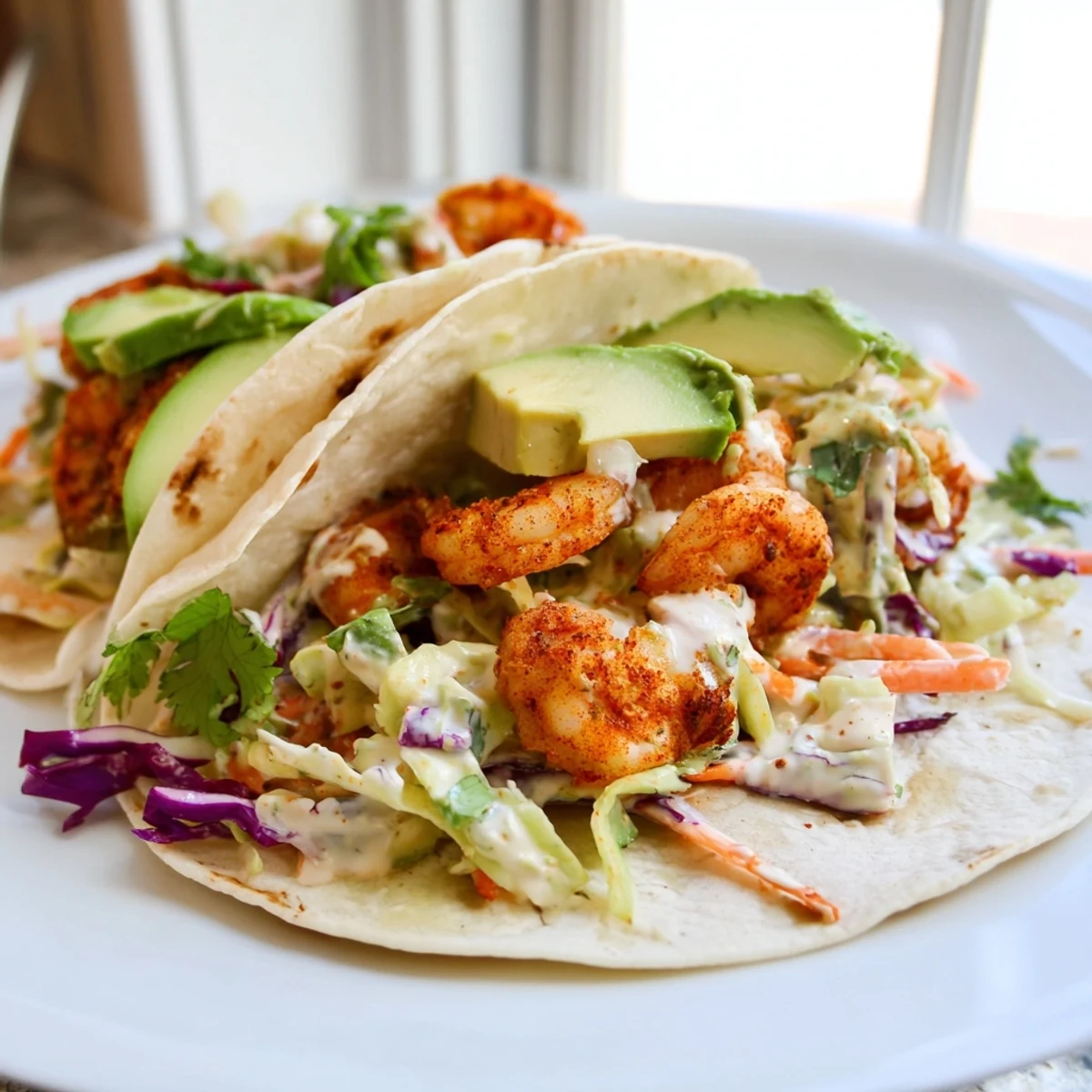 Golden seared spicy shrimp tacos topped with creamy tangy cabbage slaw