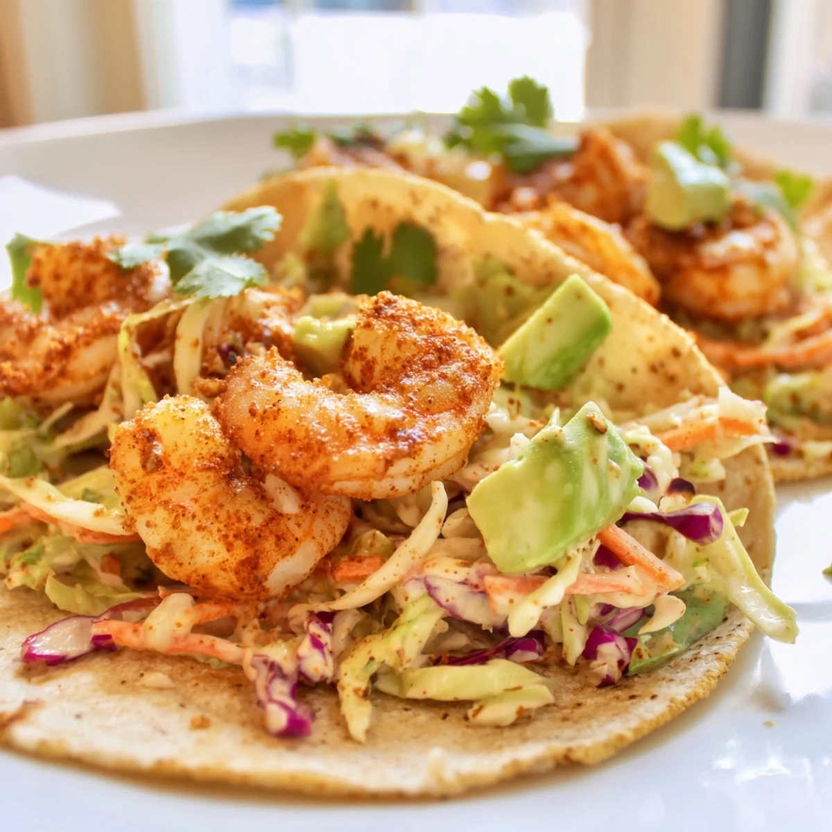 Spicy shrimp tacos with garlic cilantro lime slaw on warm corn tortillas