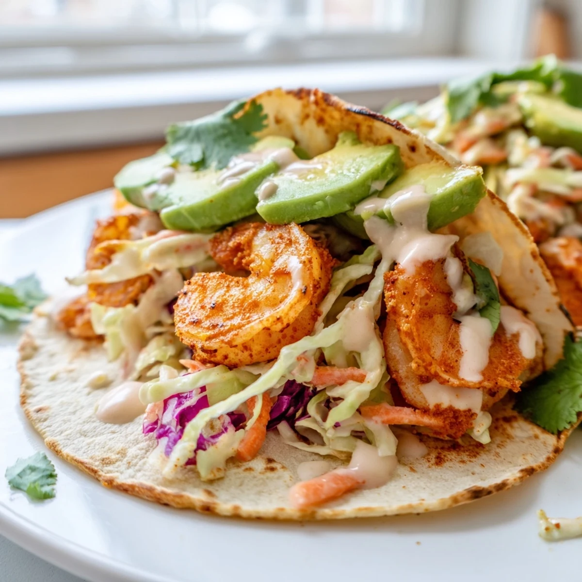 Close-up of spicy shrimp tacos featuring vibrant garlic cilantro lime slaw