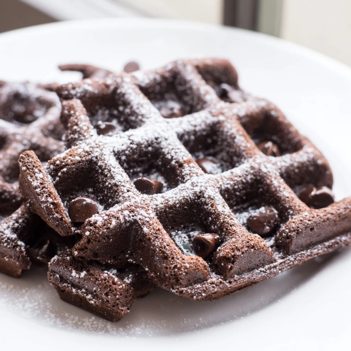 Fudgy brownie waffles with crisp golden edges and melted chocolate chips on a plate