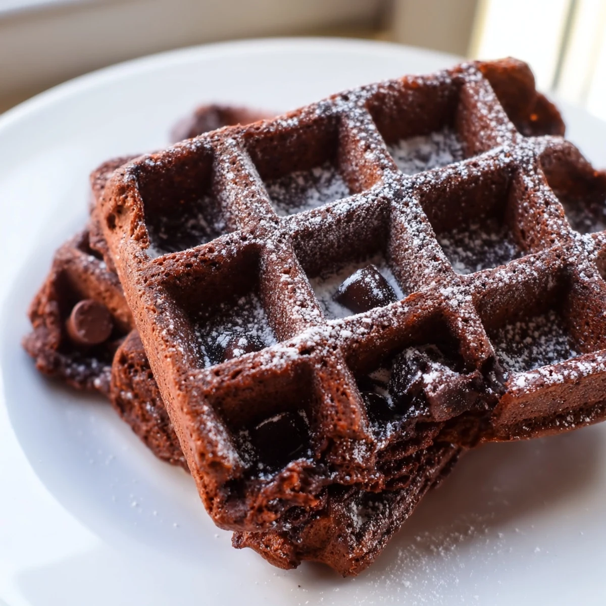 Warm fudgy brownie waffles topped with vanilla ice cream and fresh berries