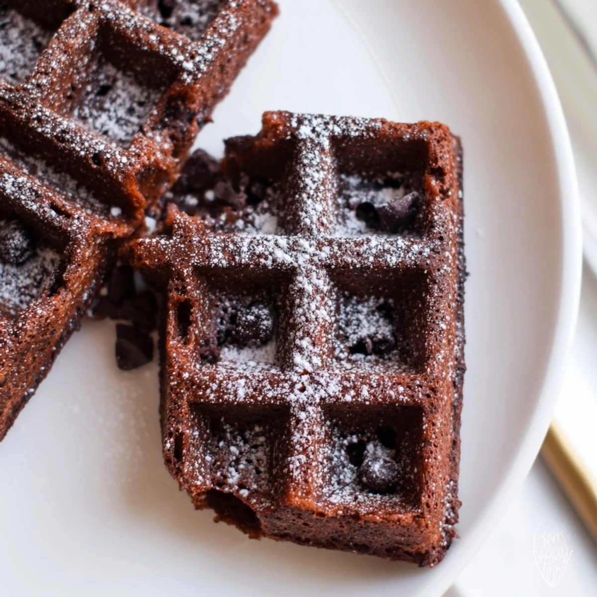 Thick fudgy brownie waffles fresh off the iron dusted with powdered sugar