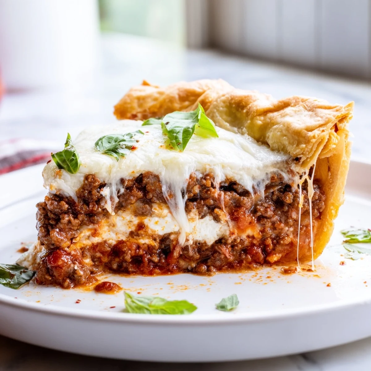 Cheesy Lasagna Pie with bubbling mozzarella and golden crust fresh from the oven