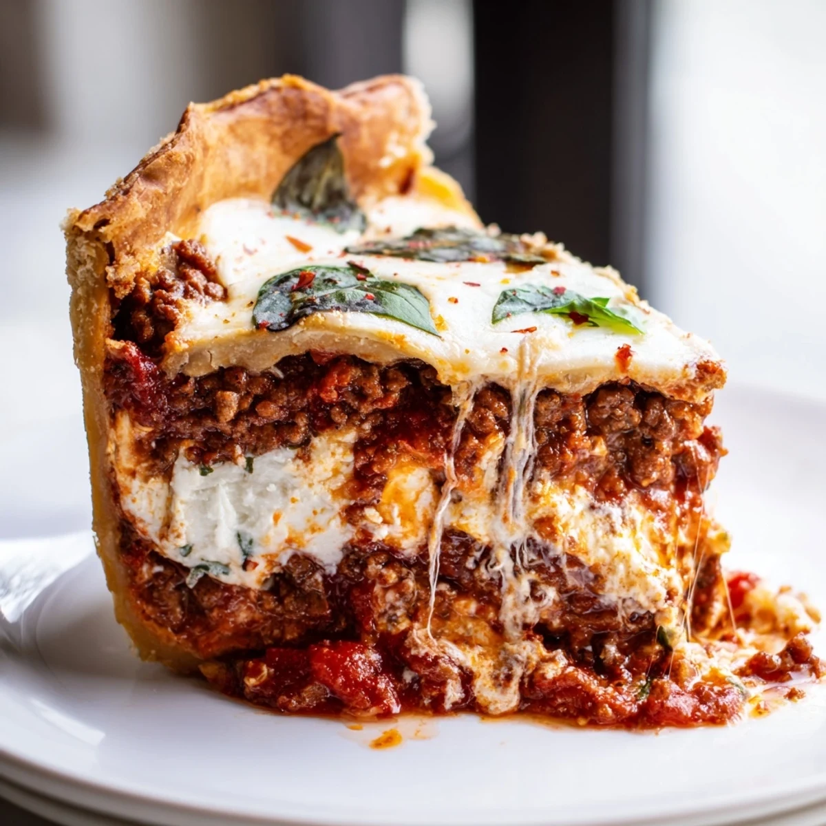 Gooey layers of ricotta and meat sauce in this cheesy lasagna pie slice
