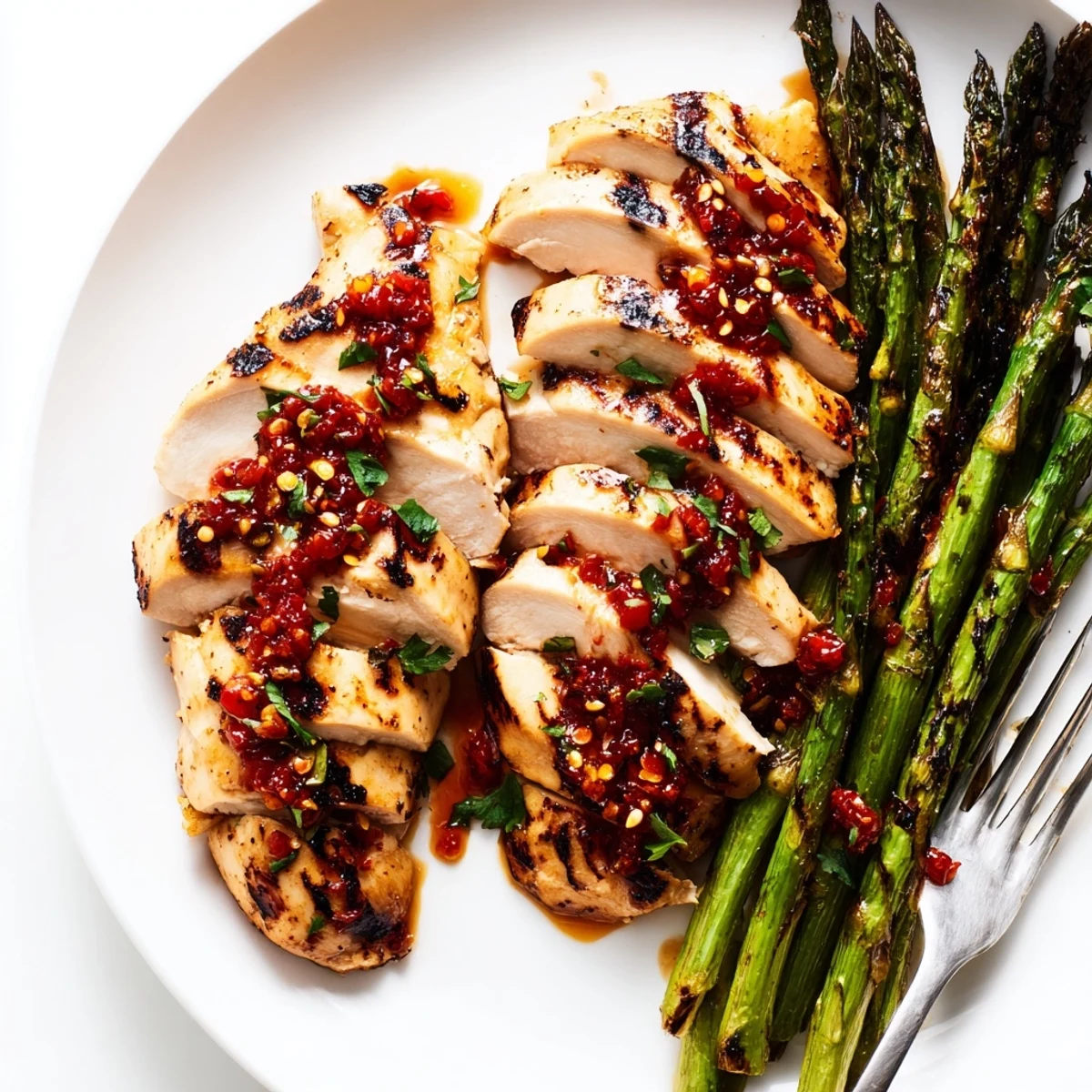 Tender grilled chicken and smoky asparagus drizzled with bold Calabrian chili sauce