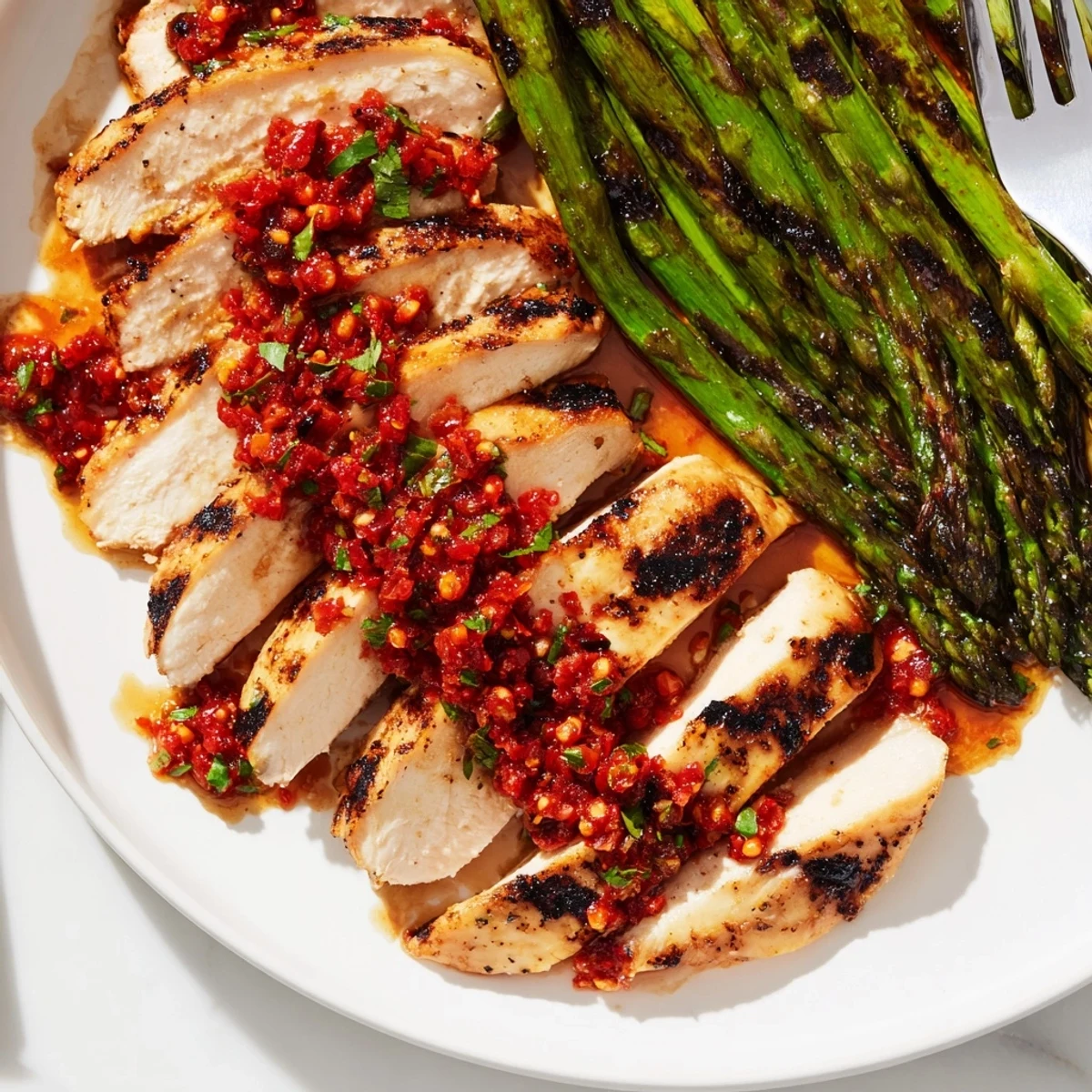Juicy grilled chicken with charred asparagus drenched in vibrant Calabrian chili sauce