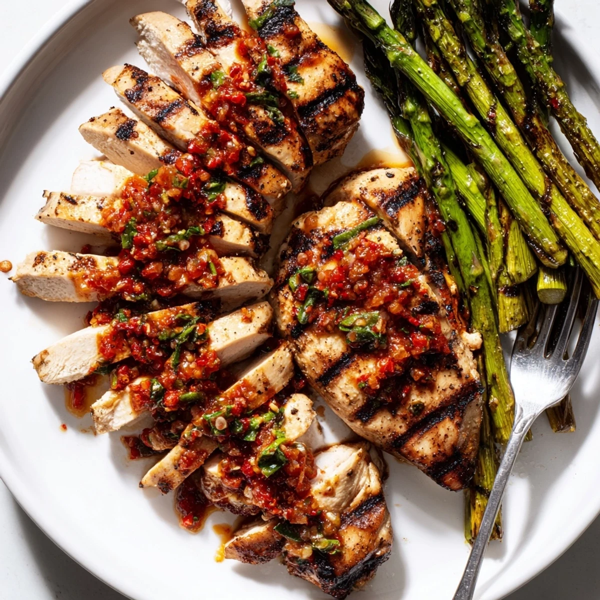 Grilled asparagus chicken glistening with spicy red Calabrian chili sauce on a rustic plate