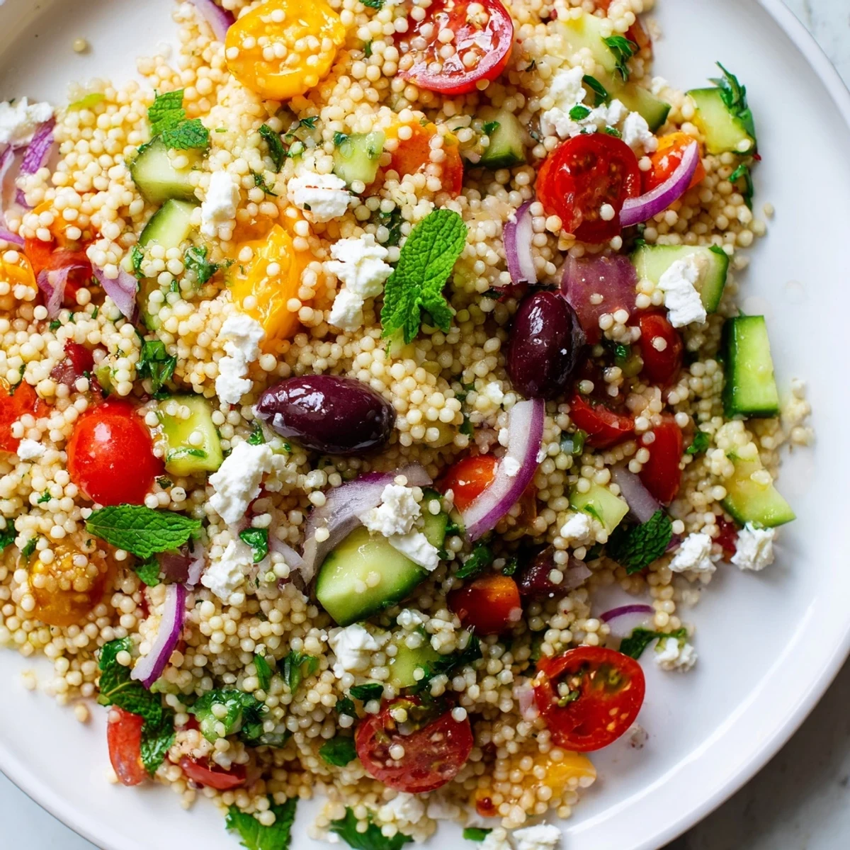 Bright Mediterranean couscous salad tossed with fresh veggies and crumbled feta cheese