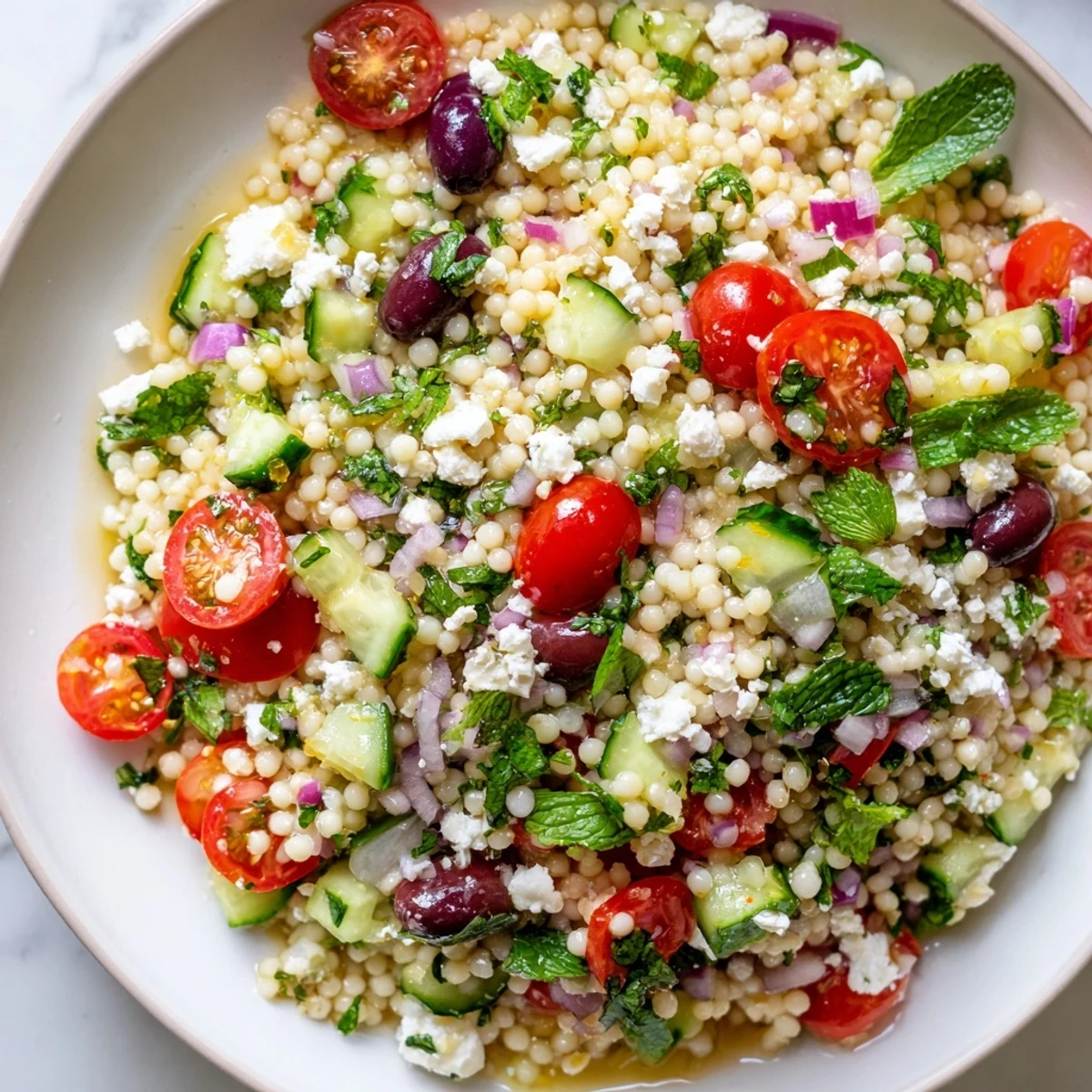 Fluffy couscous piled with colorful diced vegetables and drizzled with warm honey vinaigrette