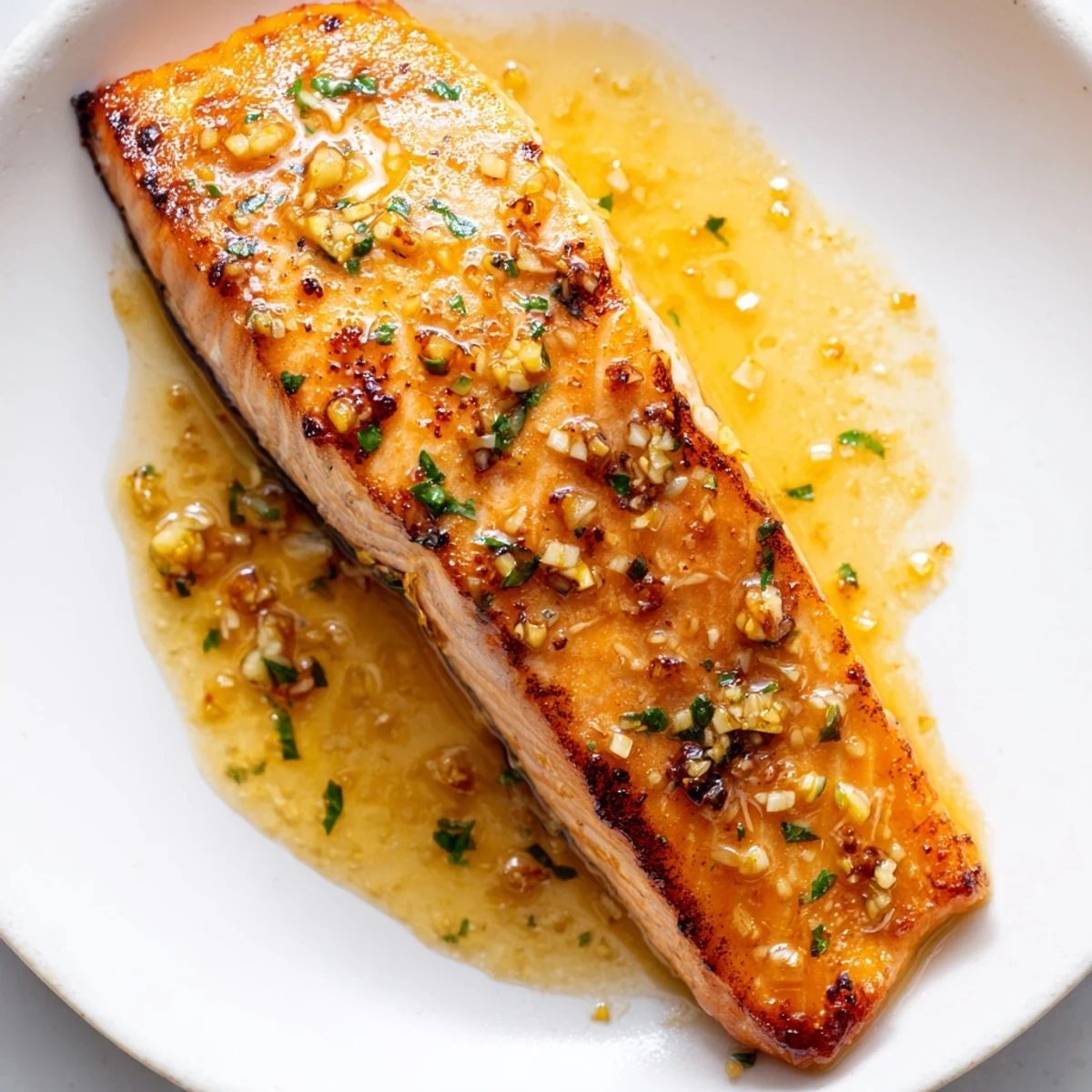 Golden garlic butter salmon fillets glistening in a rich lemon herb pan sauce