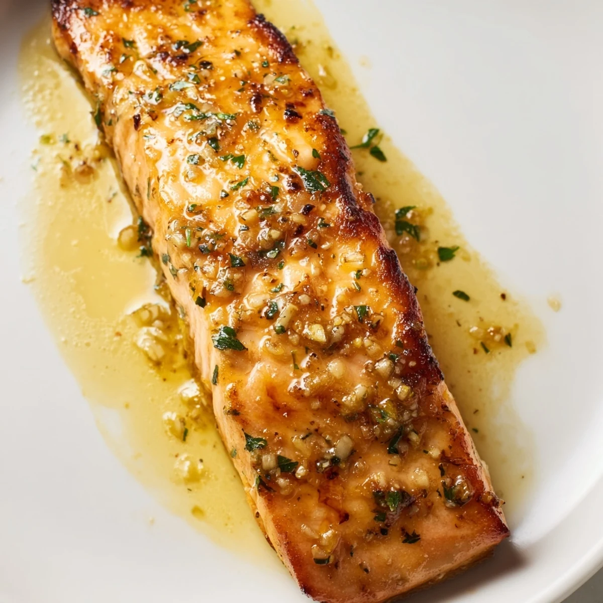 Pan-seared garlic butter salmon topped with fresh parsley and lemon wedges