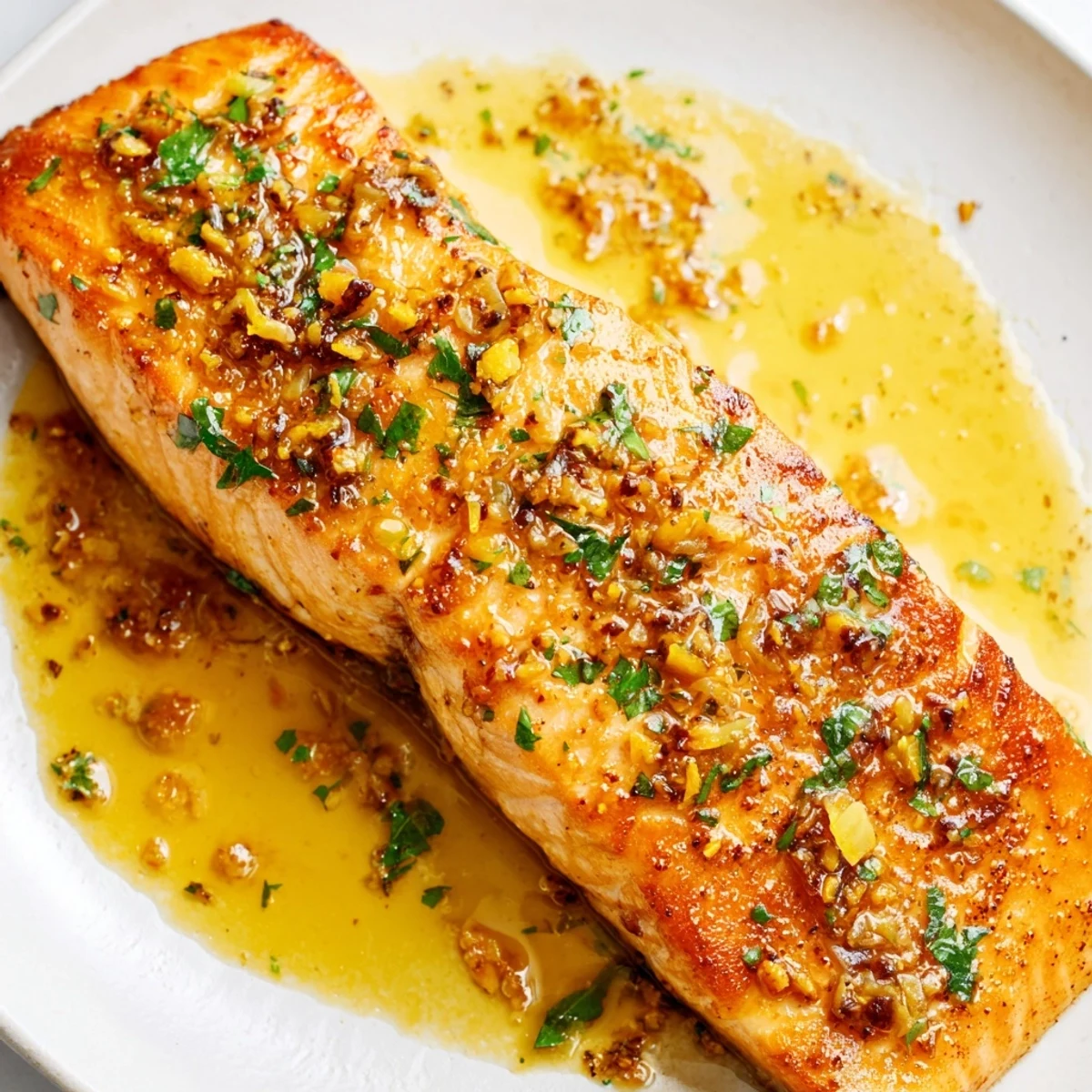 Sizzling garlic butter salmon draped in a glossy, aromatic citrus butter sauce