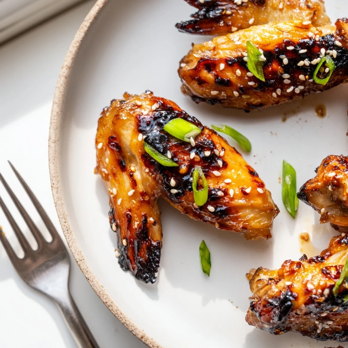 Crispy miso honey marinated chicken wings glazed golden on a parchment-lined baking sheet