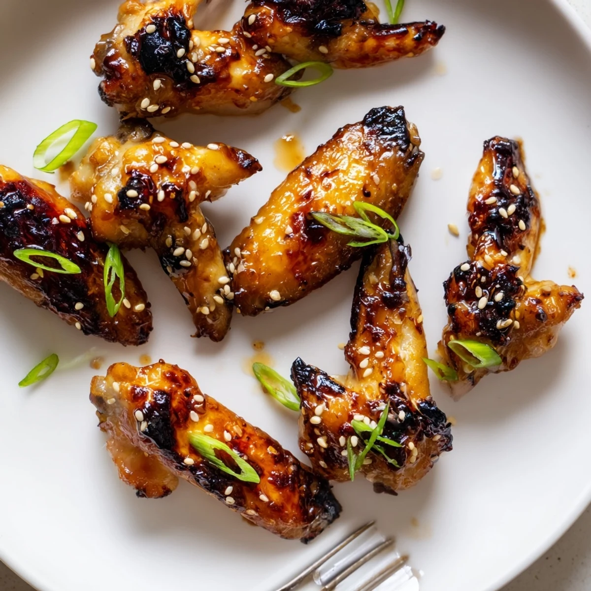 Miso honey marinated chicken wings garnished with sesame seeds and fresh green onions