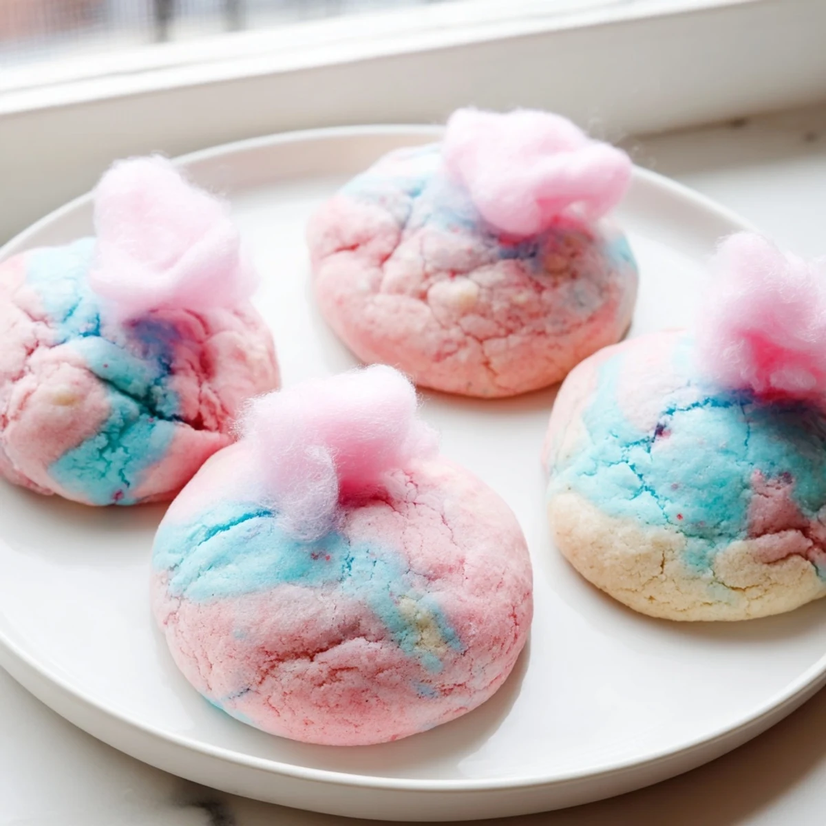 Cotton candy cookies marbled in pastel pink and blue topped with fluffy spun sugar garnish