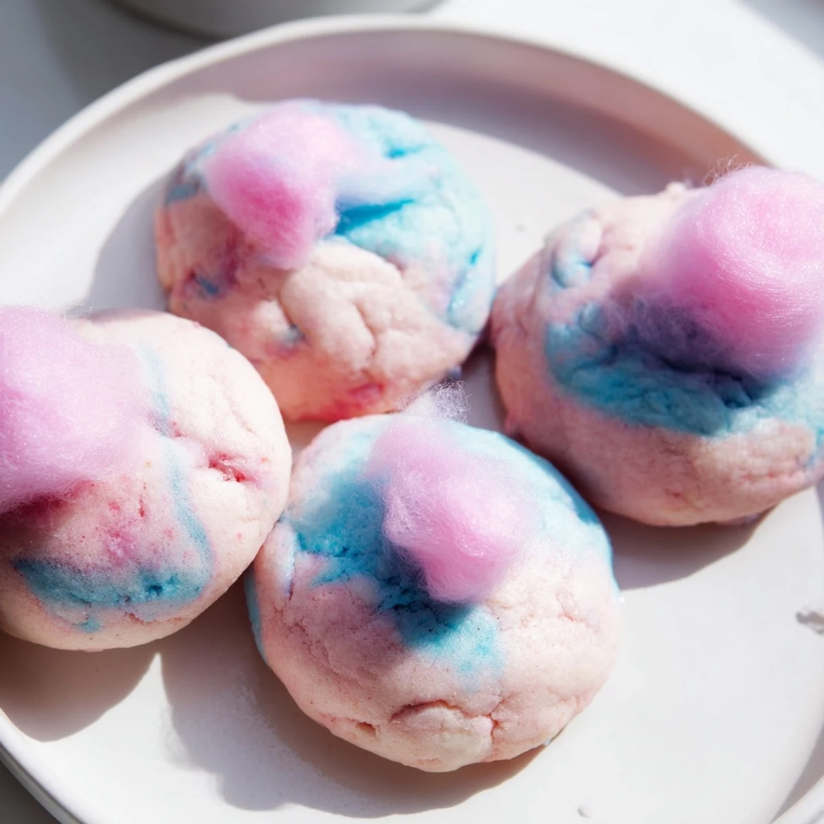 Swirled pink and blue cotton candy cookies with soft chewy centers on a parchment-lined baking sheet