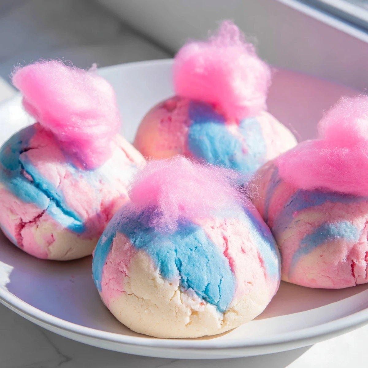 Soft batch of cotton candy cookies with vibrant swirled pastel dough cooling on a wire rack