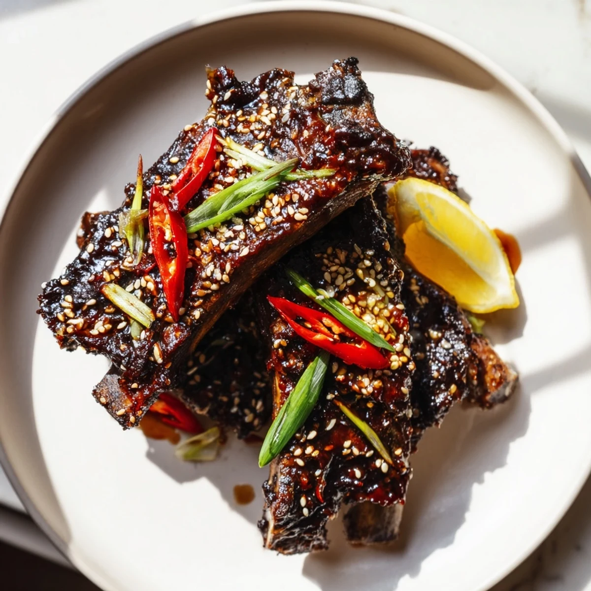 Korean BBQ lamb ribs glazed with sticky gochujang marinade and fresh yuzu