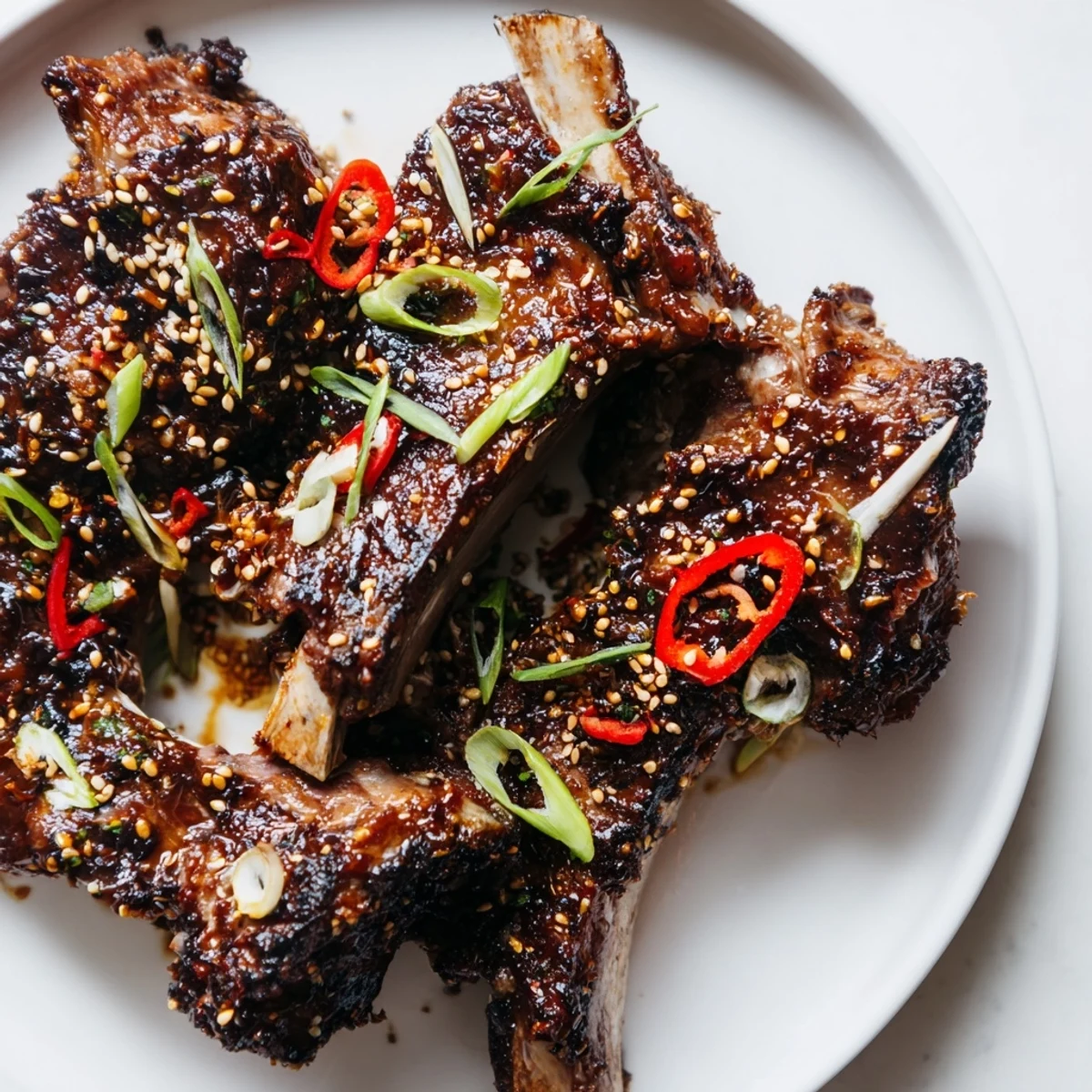Tender charred Korean BBQ lamb ribs garnished with sesame seeds and scallions