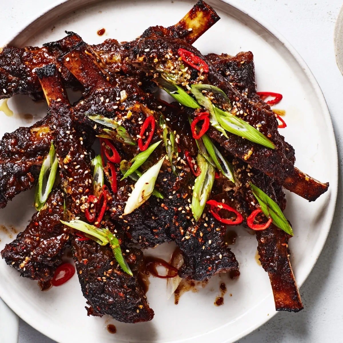 Juicy Korean BBQ lamb ribs sizzling off the grill with bright yuzu drizzle