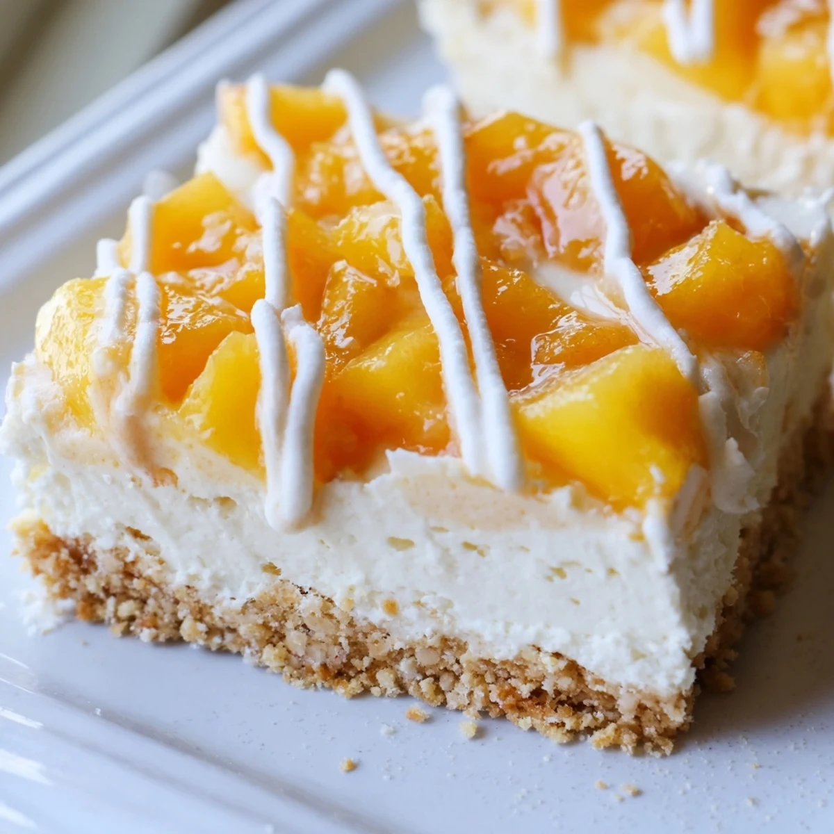 Creamy Peaches and Cream Cheesecake Bars with golden peach topping on graham crust