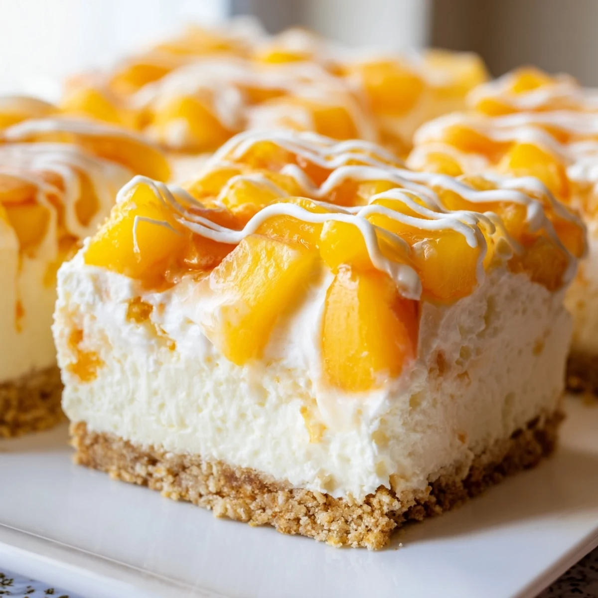 Chilled Peaches and Cream Cheesecake Bars sliced and drizzled with fresh whipped cream