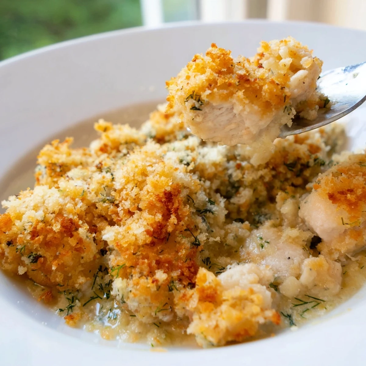 Golden crispy breadcrumb topping on a bubbling Chicken Kiev Casserole fresh from the oven