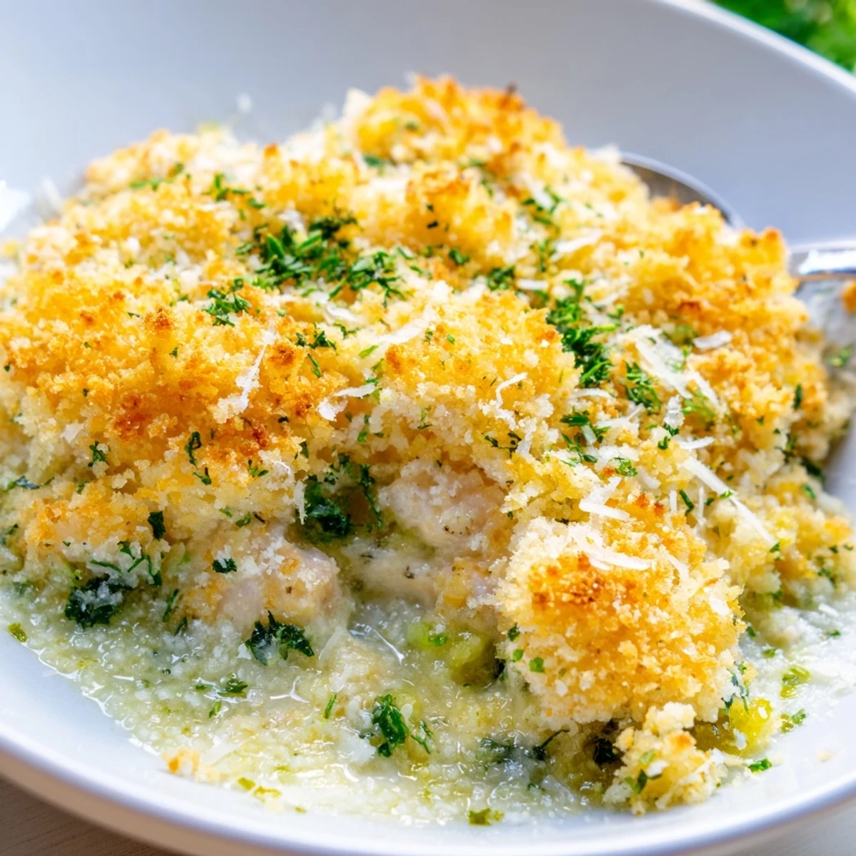 Creamy garlic herb sauce pools around tender chicken in this cozy Chicken Kiev Casserole