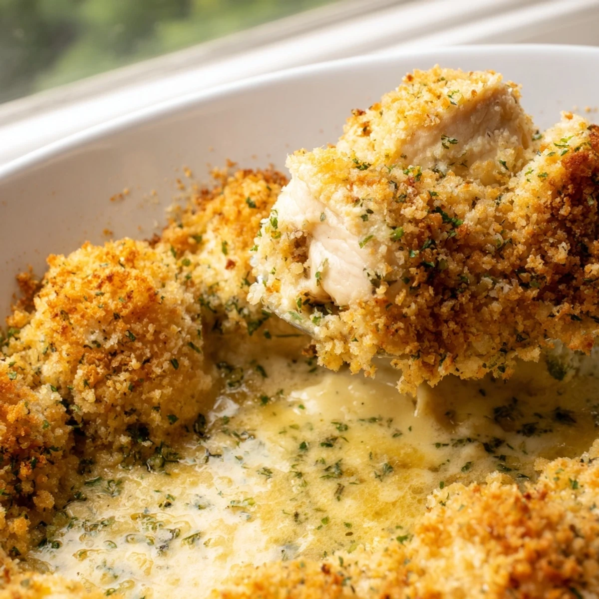 Spoonfuls of steaming Chicken Kiev Casserole served in a rustic white baking dish