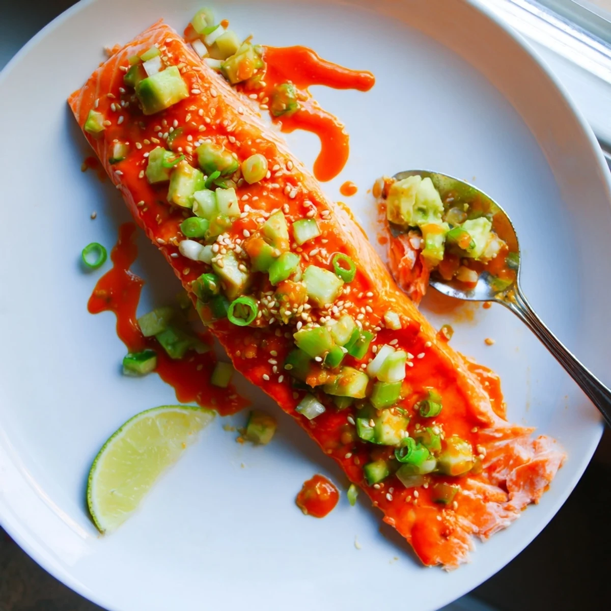 Golden Bang Bang salmon fillets drizzled with spicy creamy sauce and fresh avocado cucumber salsa on a white plate.