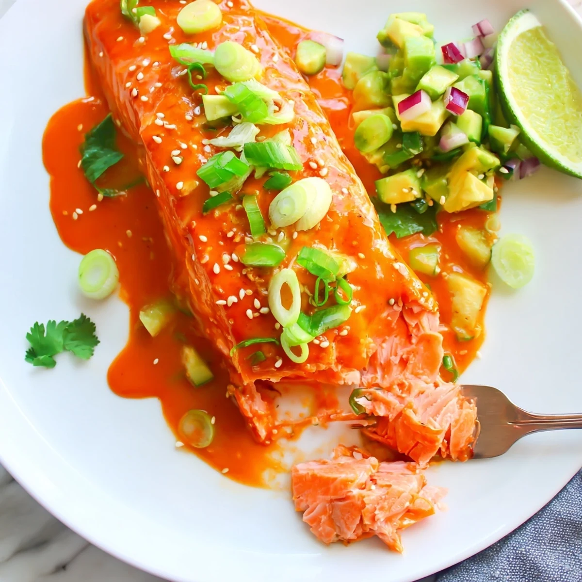 Crispy baked Bang Bang salmon topped with zesty sauce served beside bright avocado cucumber salsa with cilantro garnish.