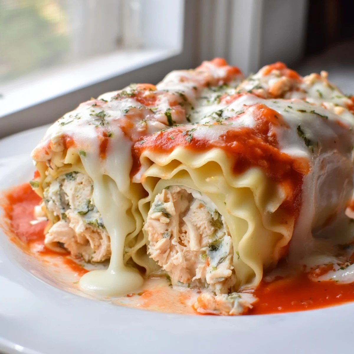 Golden Garlic Parmesan Chicken Lasagna Roll Ups bubbling with melted mozzarella in a baking dish