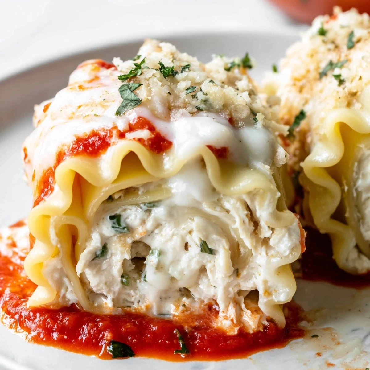 Creamy Garlic Parmesan Chicken Lasagna Roll Ups topped with marinara and golden baked cheese