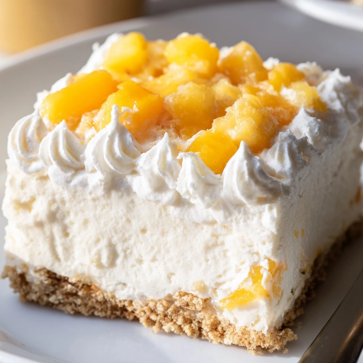 Chilled Peaches and Cream Cheesecake Bars cut into squares with a velvety filling